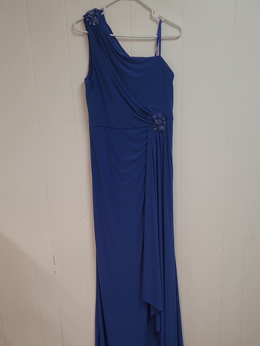 Adrianna Papell One-Shoulder Brillant Sapphire Gown Size 14 Sparkly Accents - Picture 4 of 13